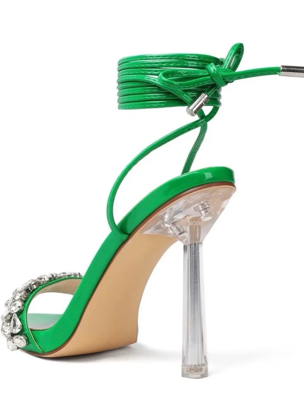 Vivianly Green Wrap-Ankle Crystal-Embellished Stiletto Sandals
